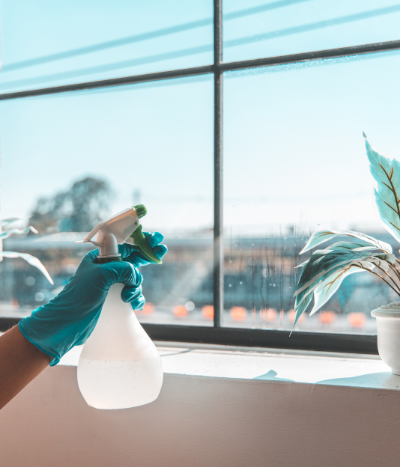 a gloved hand holding a water bottle spraying it at a window with plants sitting in front of it